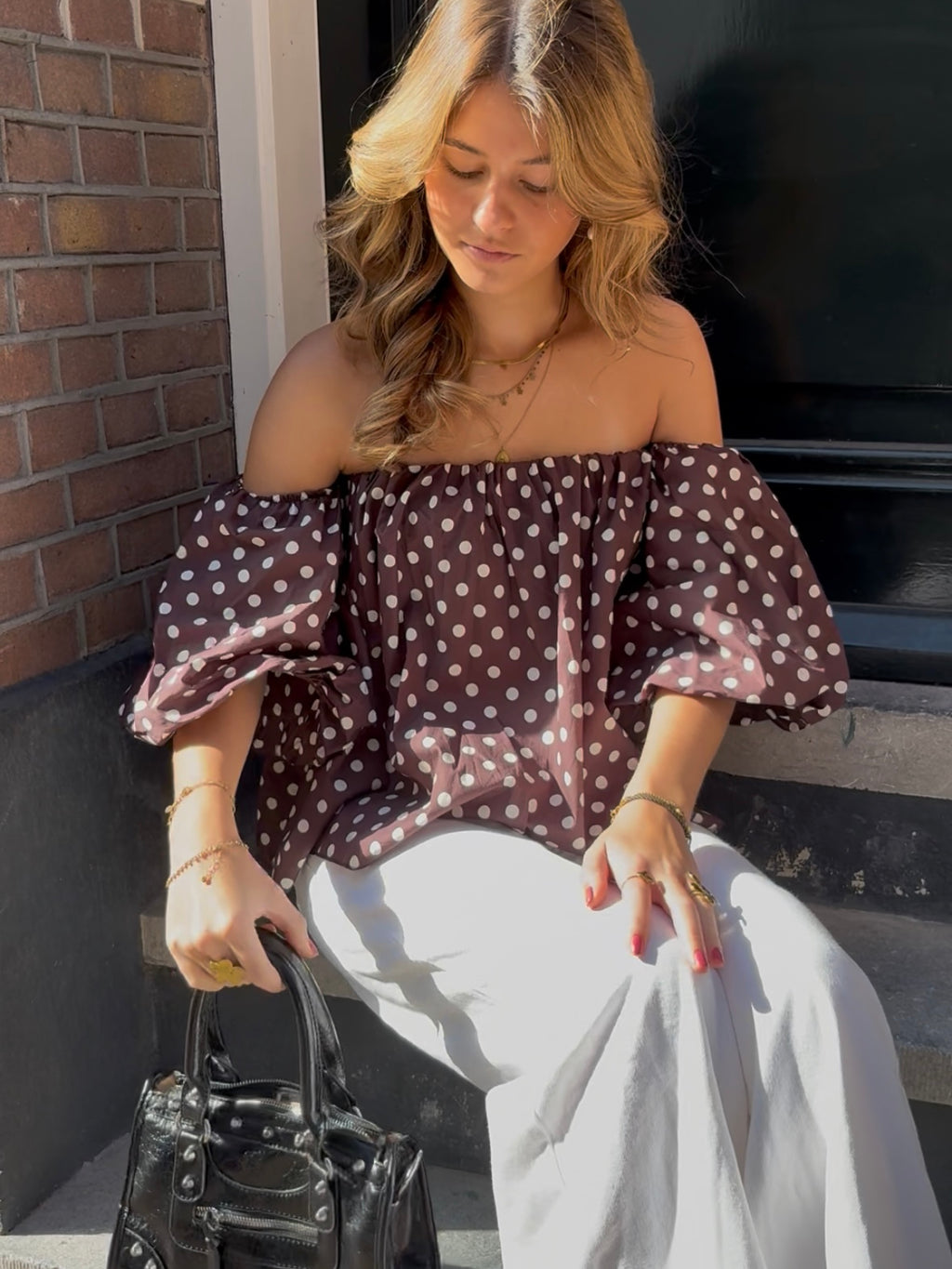 Brown off shoulder top with polka dots